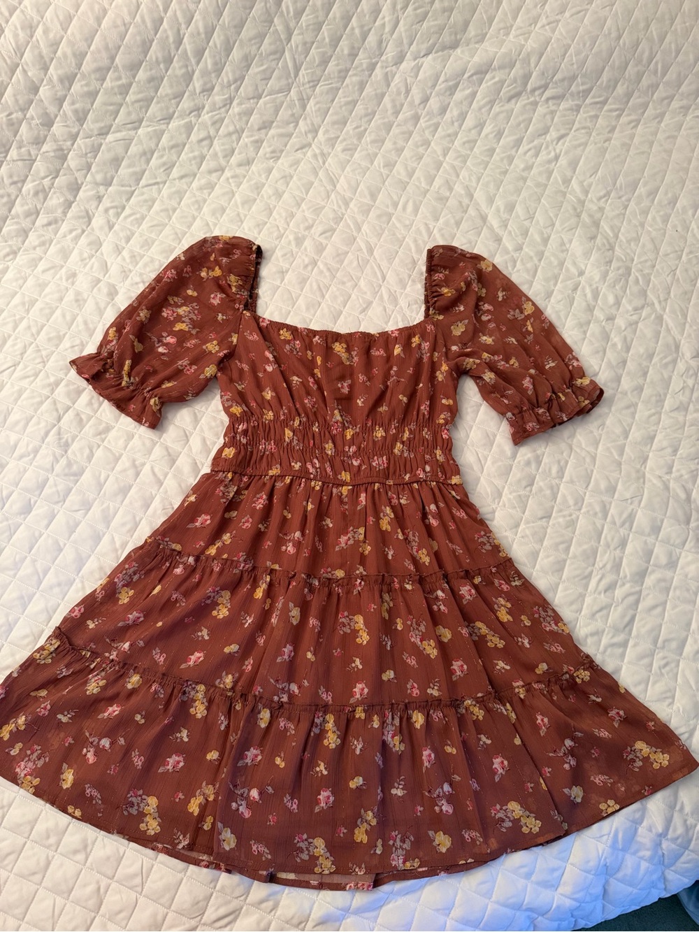 Trixxi Rust Floral Smocked Tiered Dress with Puff Sleeves